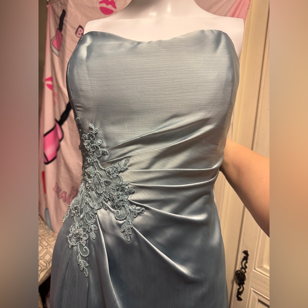 Jade couture elegant light blue long strapless gown with embellishments
